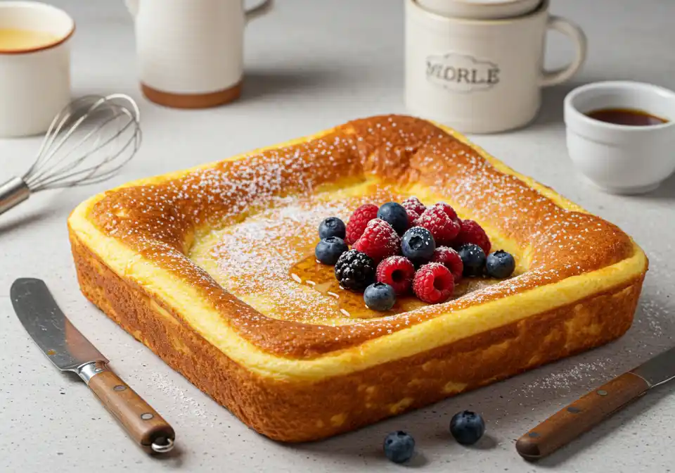 Golden brown hootenanny pancake topped with berries and powdered sugar