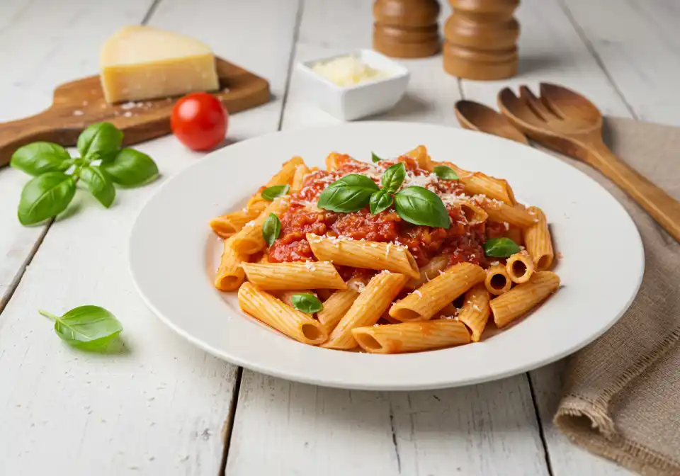Ditalini pasta with tomato sauce and basil on a rustic table