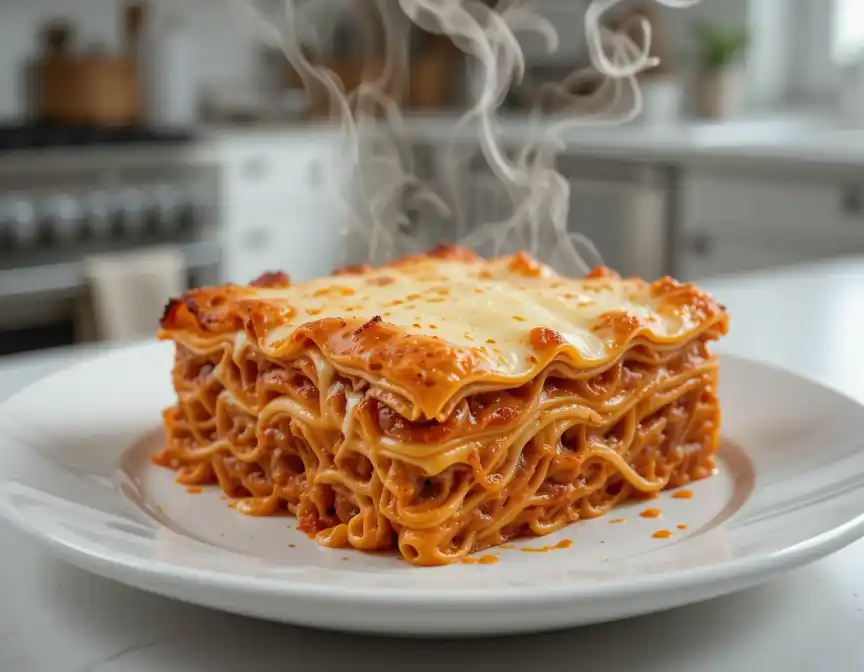 Baked San Giorgio lasagna Recipe with melted mozzarella cheese in a ceramic dish