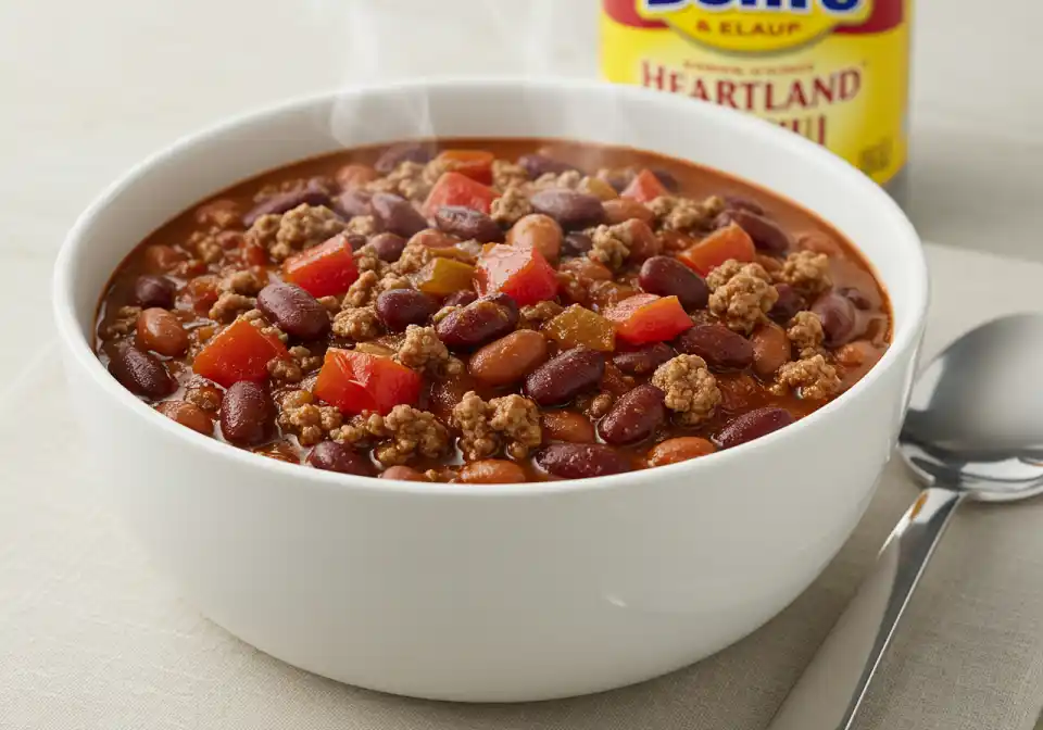Hearty bowl of Bush’s Heartland Chili with beans and spices