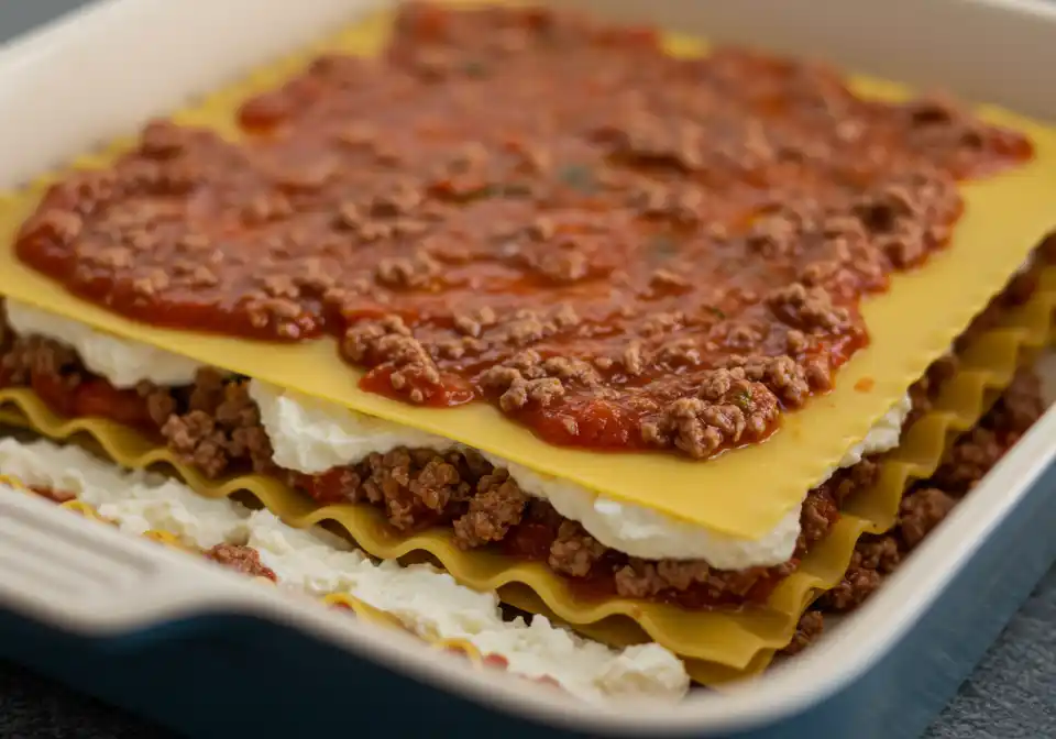 Assembling layers of San Giorgio lasagna with ricotta, pasta, and meat sauce