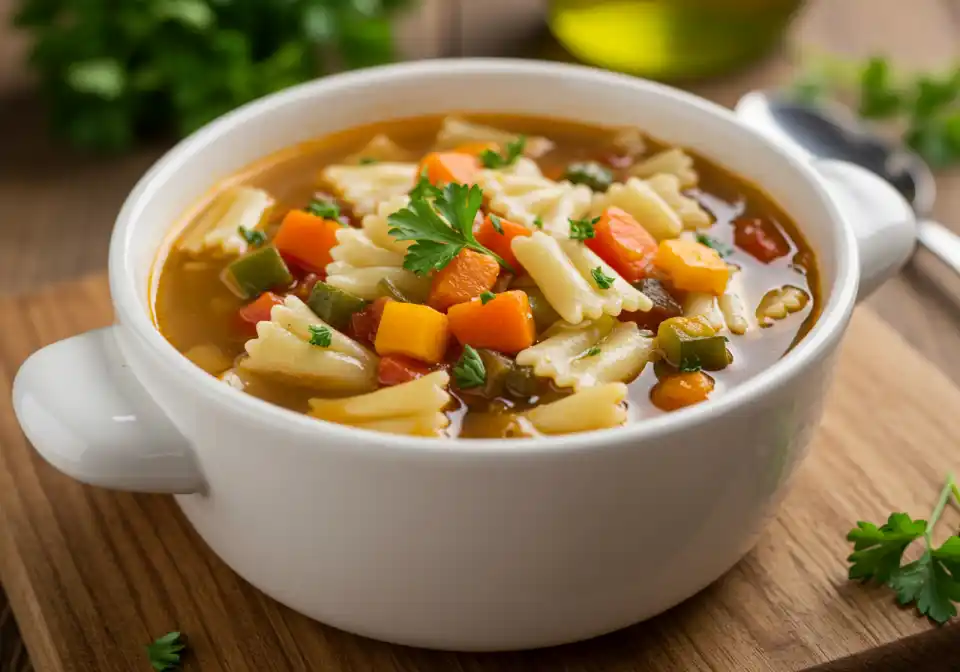 Ditalini pasta soup with vegetables and fresh parsley
