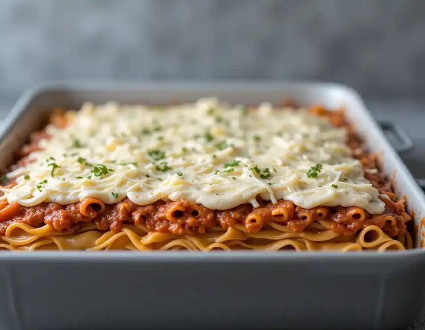 Fresh ingredients for making lasagna, including San Giorgio pasta, ricotta, and ground beef