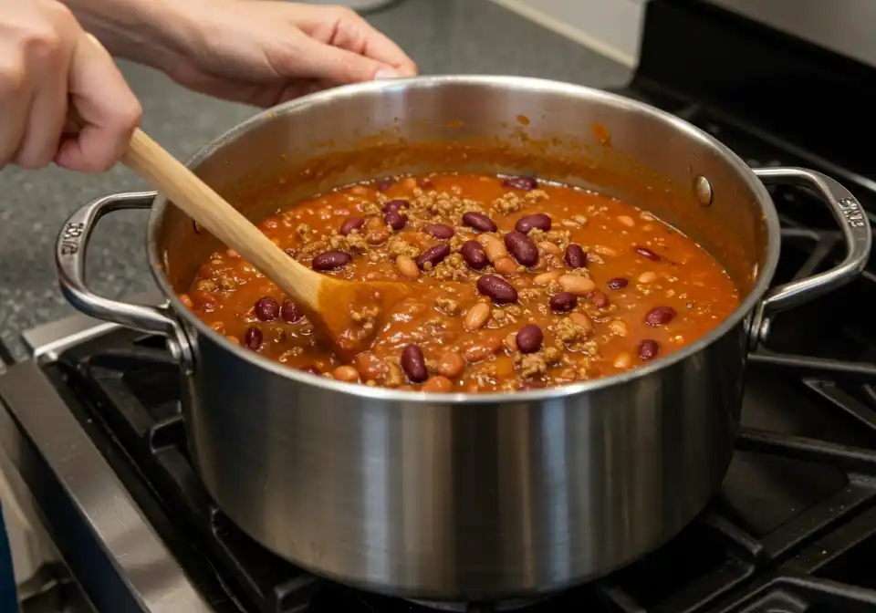Stirring a pot of Bush’s Heartland Chili on the stove