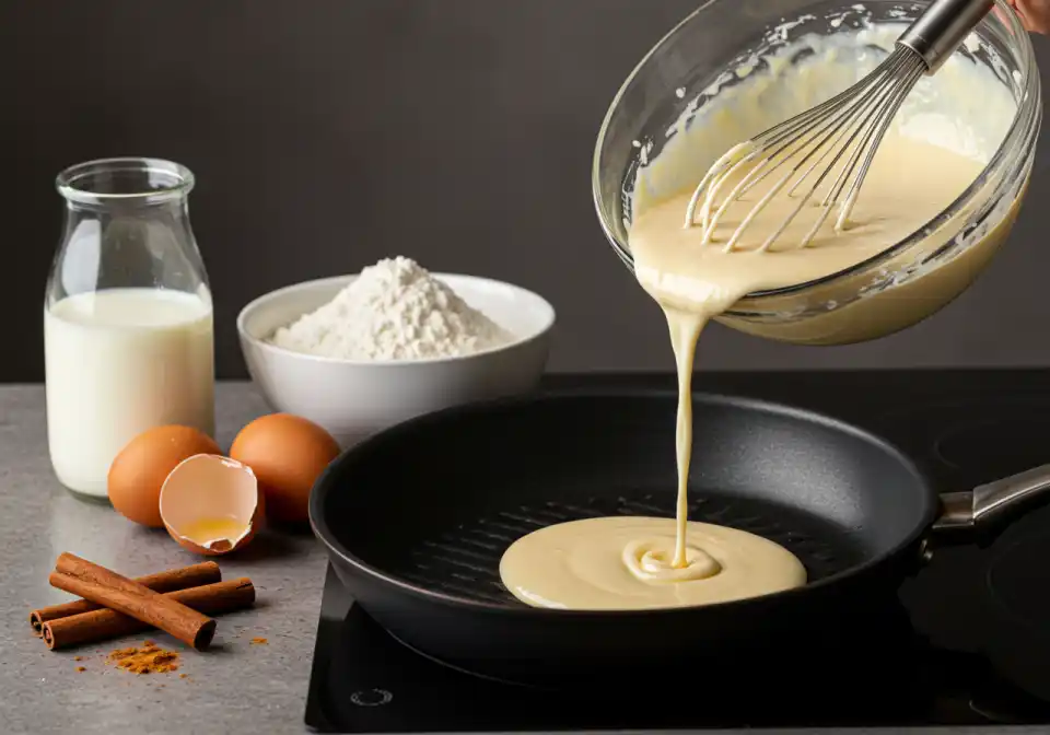 Pouring hootenanny batter into a hot buttered pan