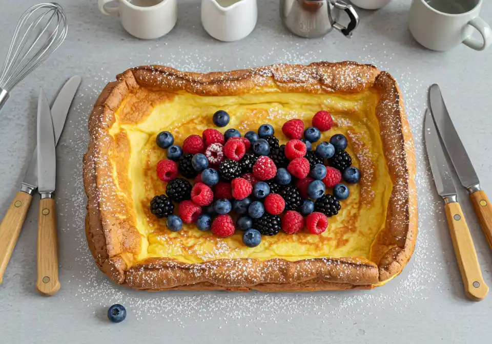 Hootenanny served with fresh fruit, whipped cream, and syrup
