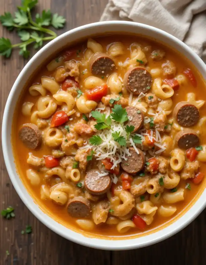 Creamy Italian Sausage and Elbow Macaroni Soup in a White Bowl