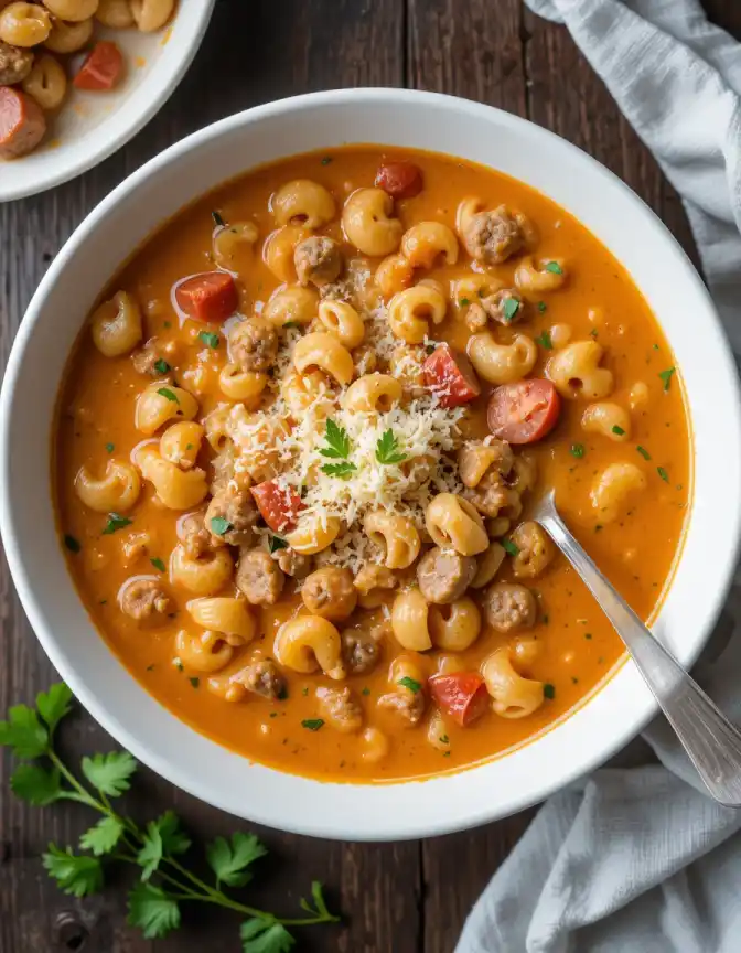  Serving of creamy Parmesan Italian Sausage Ditalini Soup with greens and crusty bread.

