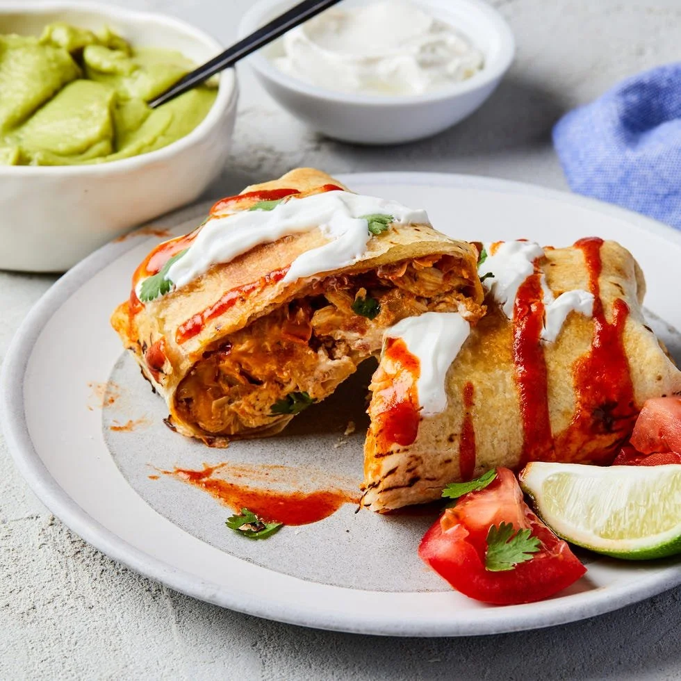 Crispy Air Fryer chimichangas served with salsa and guacamole