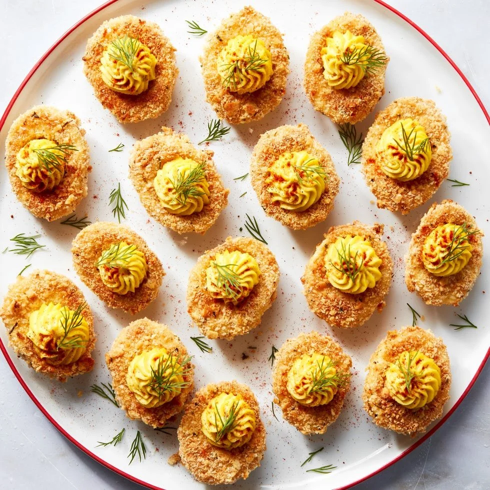 Air Fryer deviled eggs garnished and ready to serve.