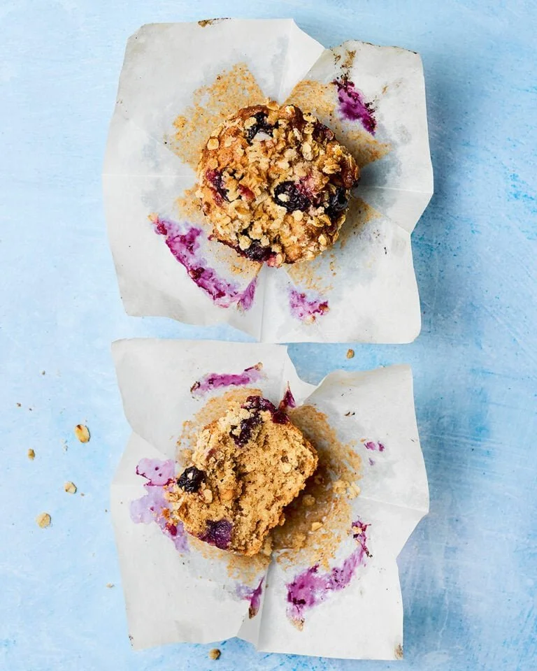 Air-fryer muffins featuring peanut butter and blueberries, ready to enjoy