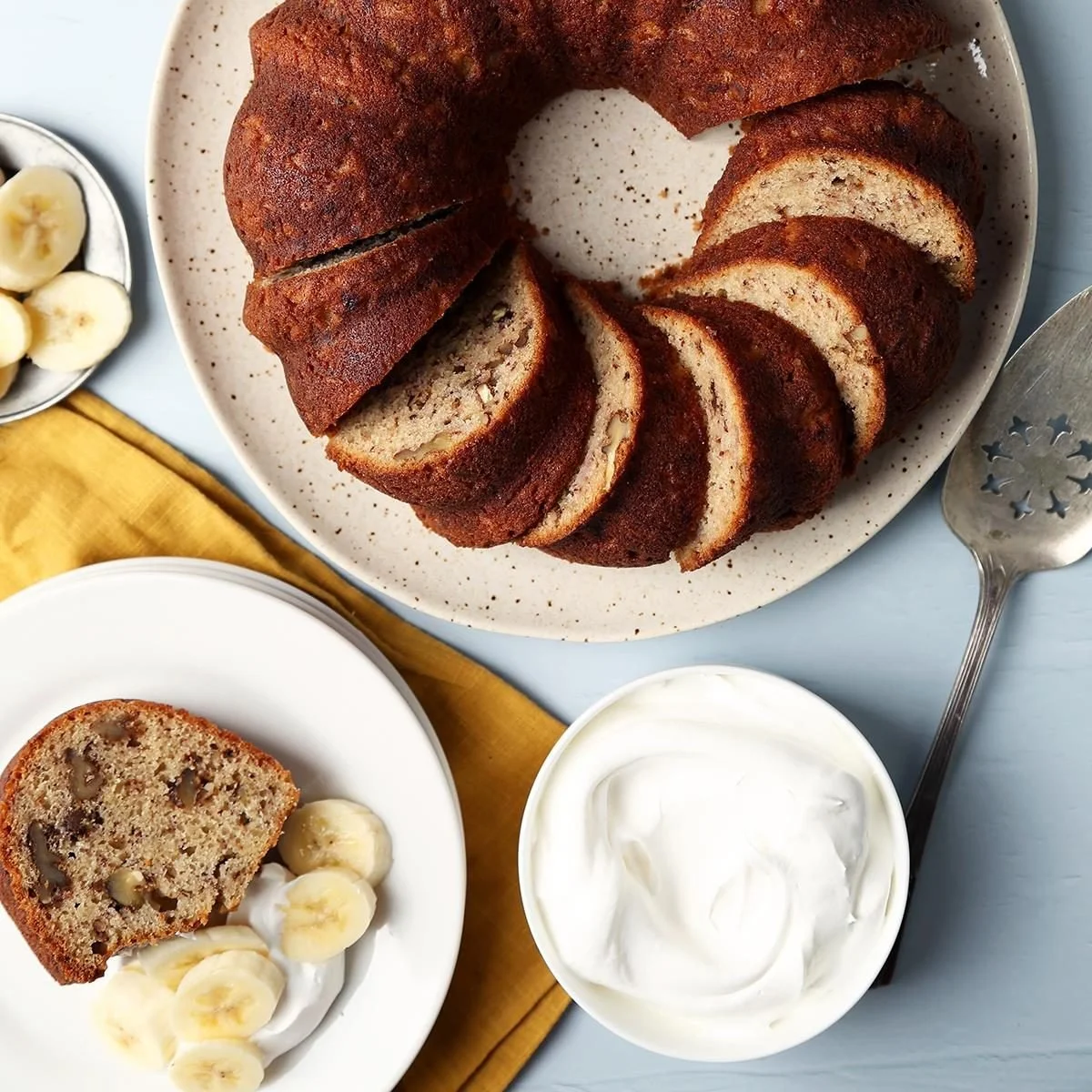 Delicious homemade Banana Bundt Cake on a cake stand