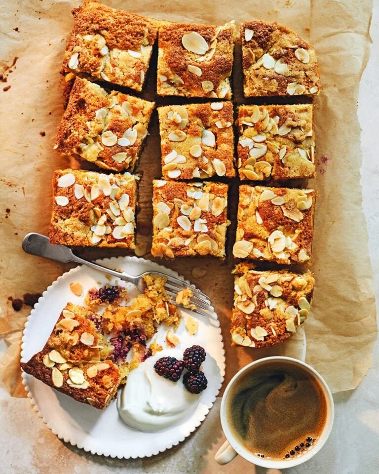 Delicious Blackberry Almond Squares topped with brown butter.
