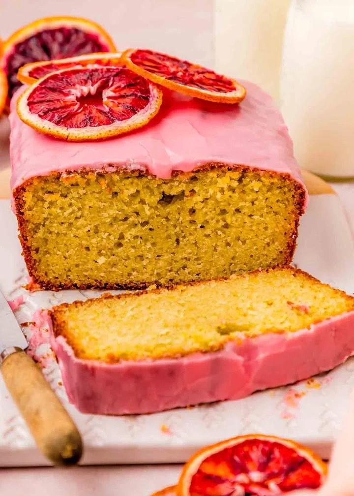 Delicious blood orange cake loaf with vibrant citrus glaze