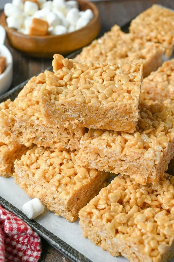 Delicious Caramel Rice Crispy Treats with gooey caramel and rice cereal