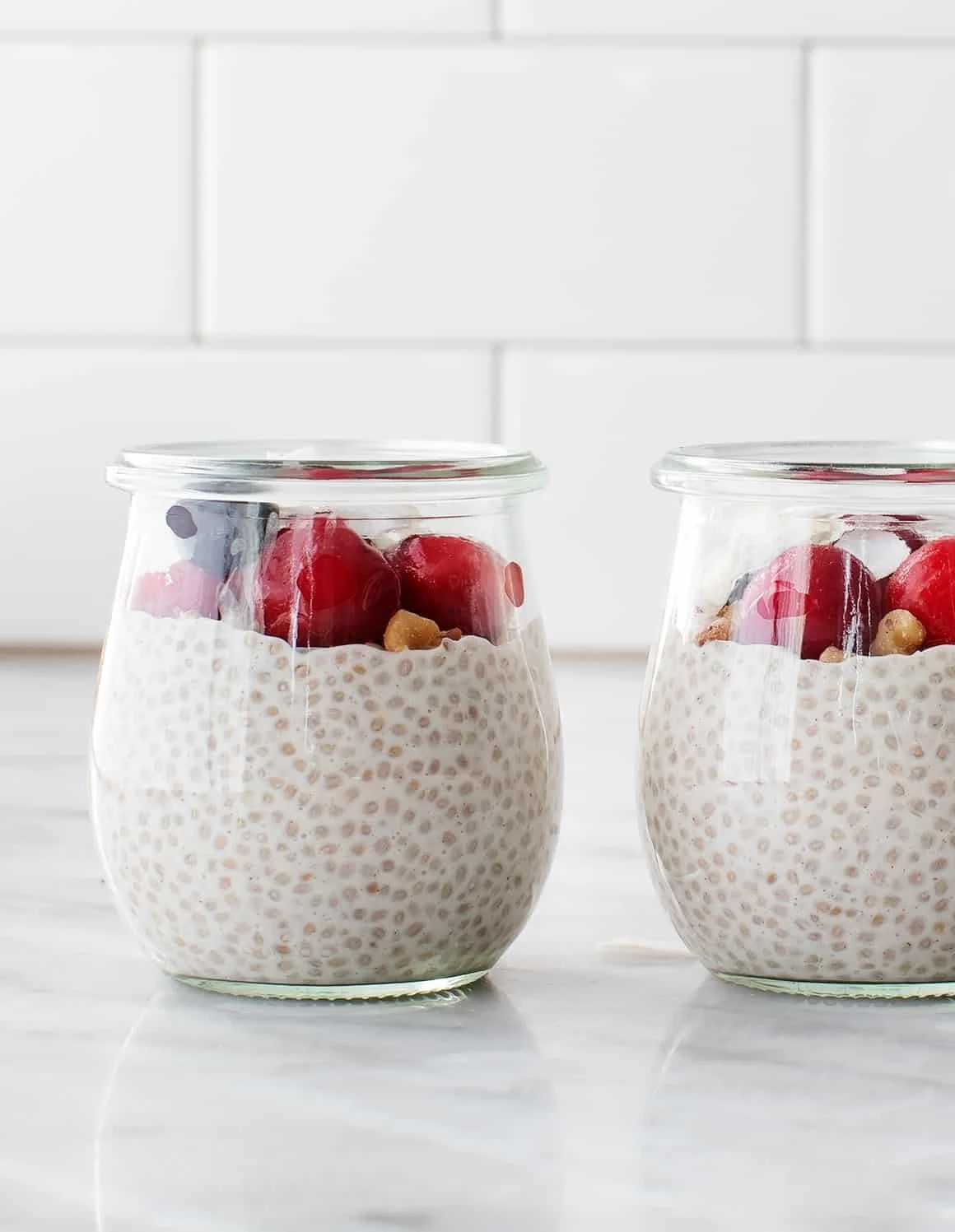 Delicious chia seed pudding topped with fruits and nuts