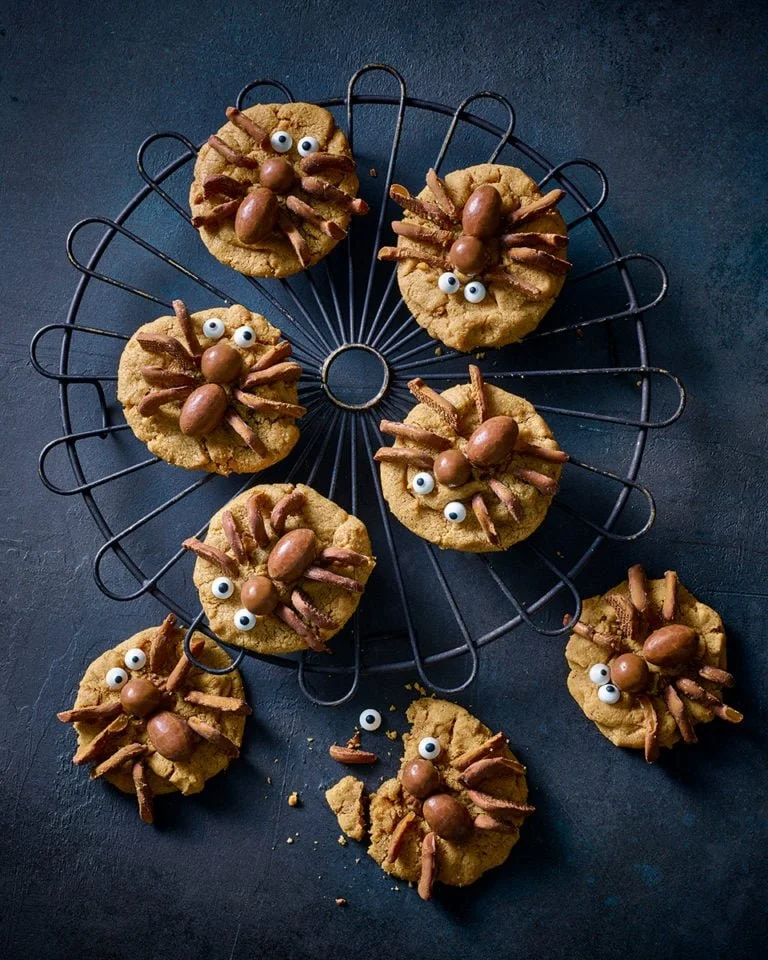 Chocolate and peanut butter spider cookies decorated for Halloween