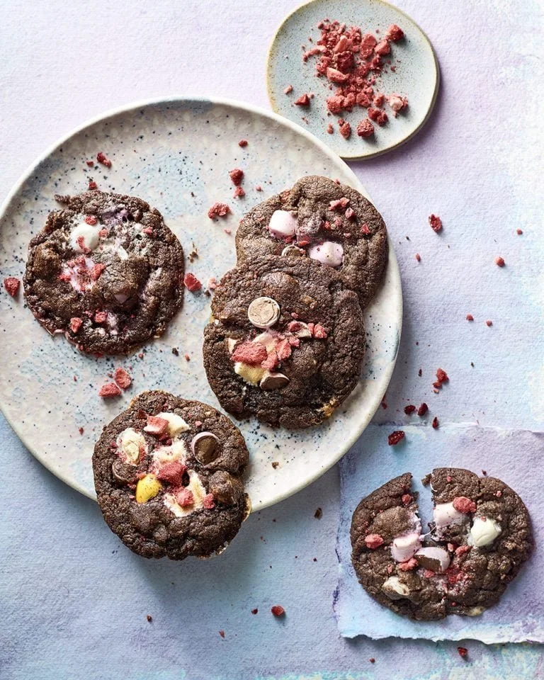 Freshly baked Chocolate Mini Egg Cookies on a plate