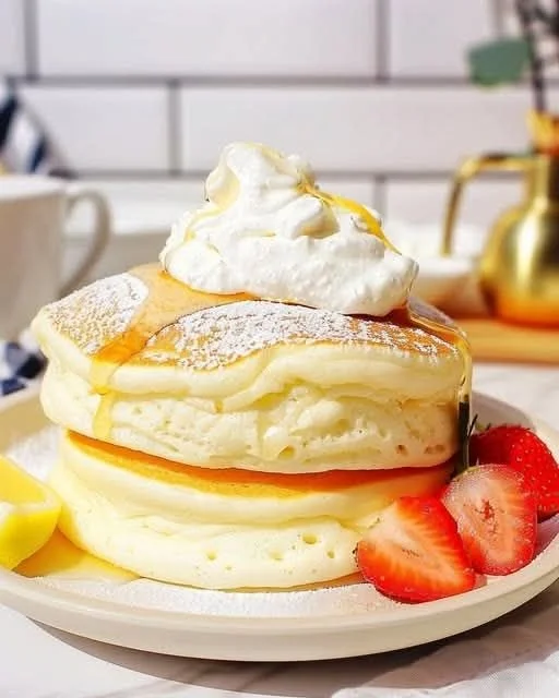 Fluffy lemon soufflé pancakes topped with fresh berries and syrup.