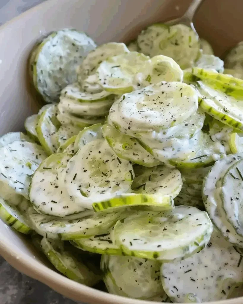 Delicious creamy cucumber salad in a bowl, garnished with herbs