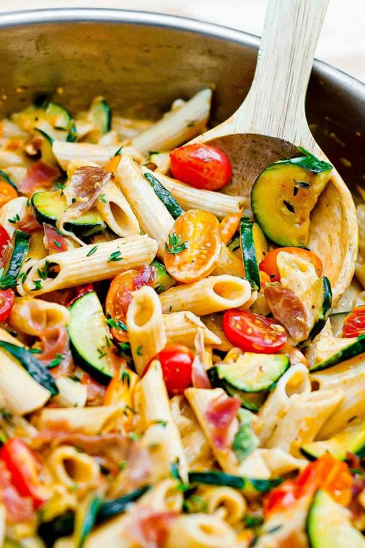 Creamy Prosciutto Pasta with Zucchini and Grape Tomatoes
