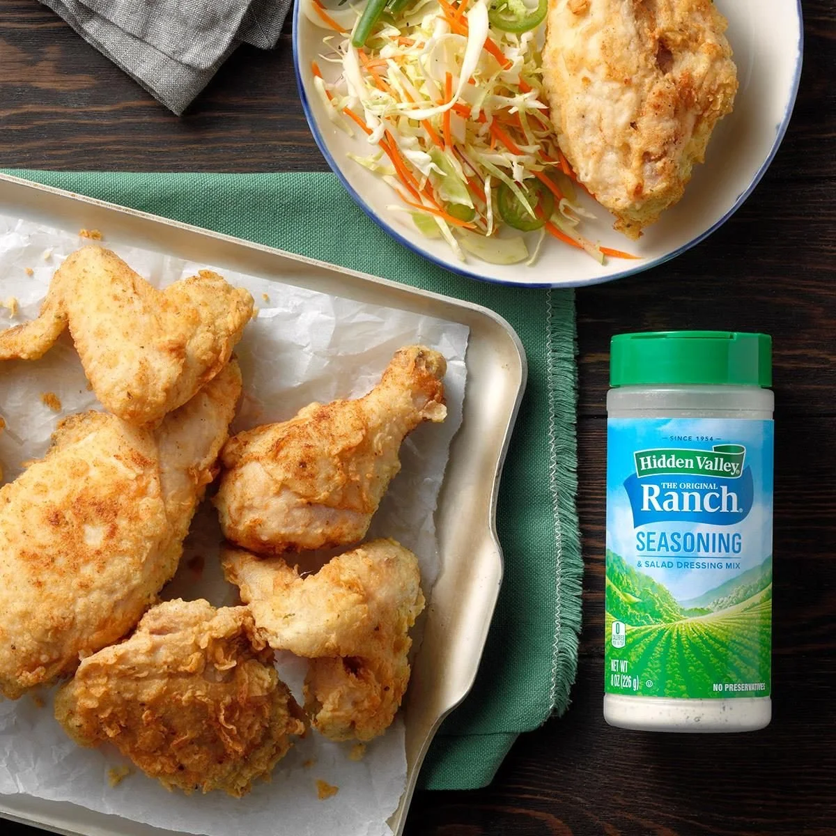 Plate of crispy ranch fried chicken with herbs and spices