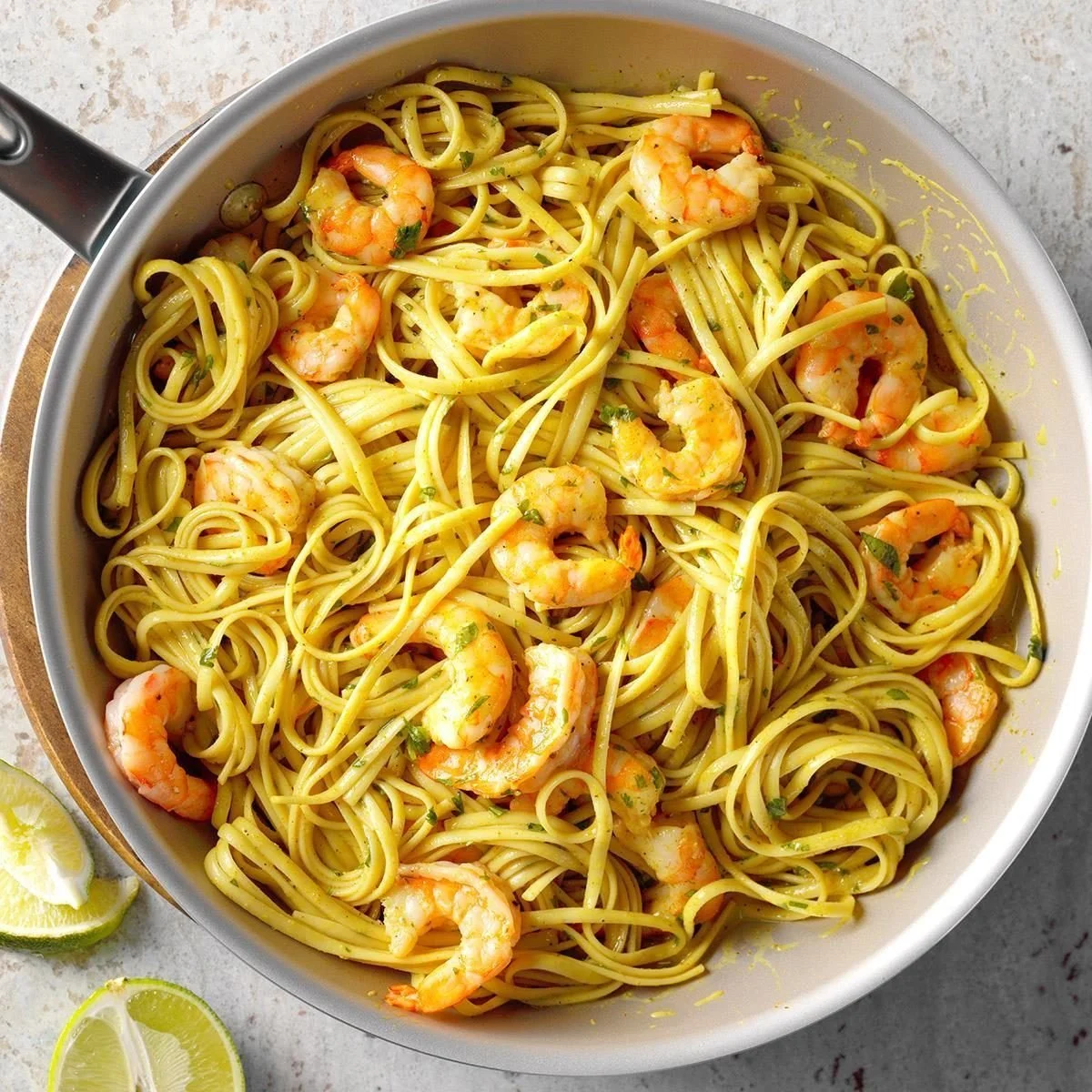 Delicious bowl of Curry Shrimp Linguine with vibrant colors and fresh ingredients.