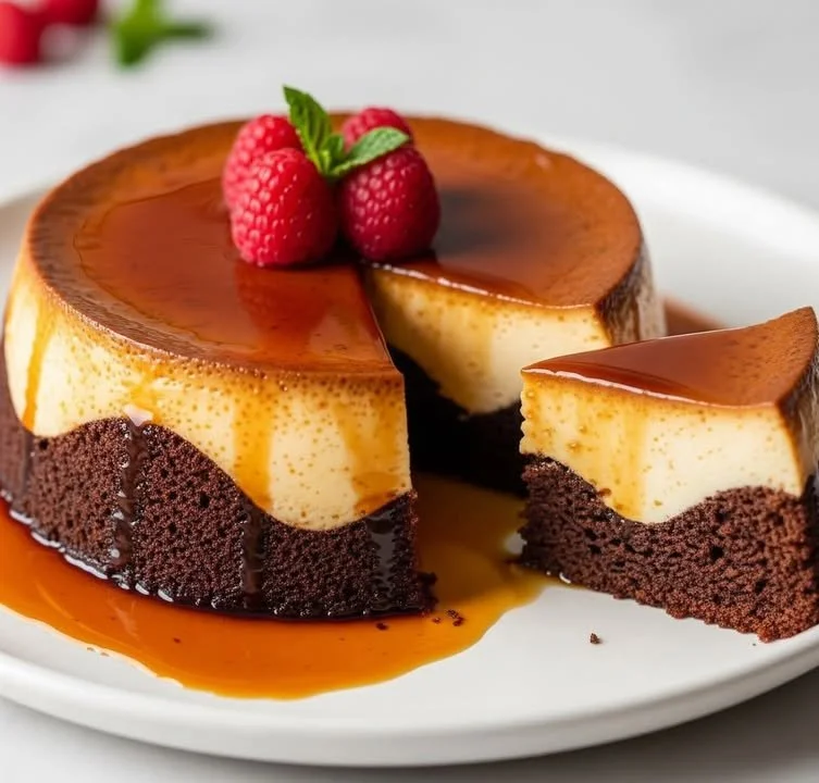 Delicious Magic Chocoflan dessert with layers of chocolate cake and flan