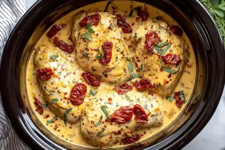 Delicious Dump and Go Crockpot Marry Me Chicken recipe served with herbs and cheese.