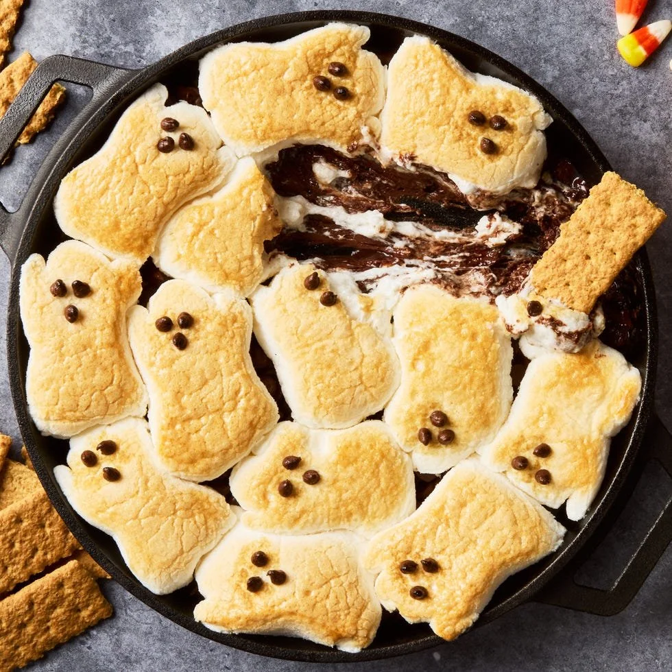 Spooky Halloween Ghost Marshmallow Dip served in a festive bowl