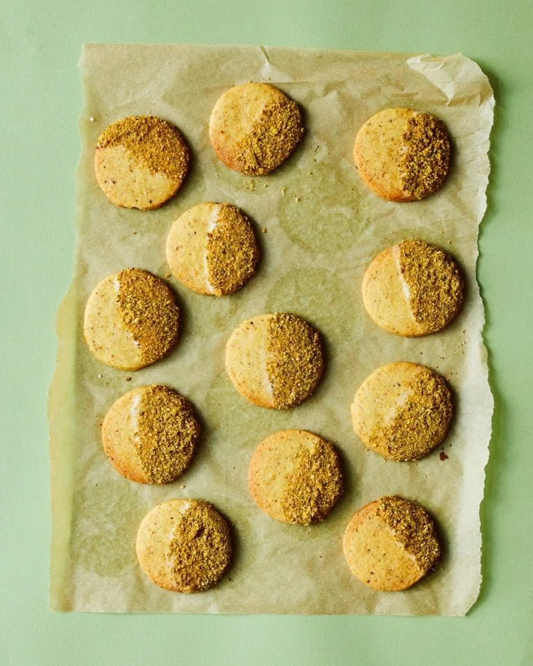 Lemon and Pistachio Shortbread Biscuits on a plate