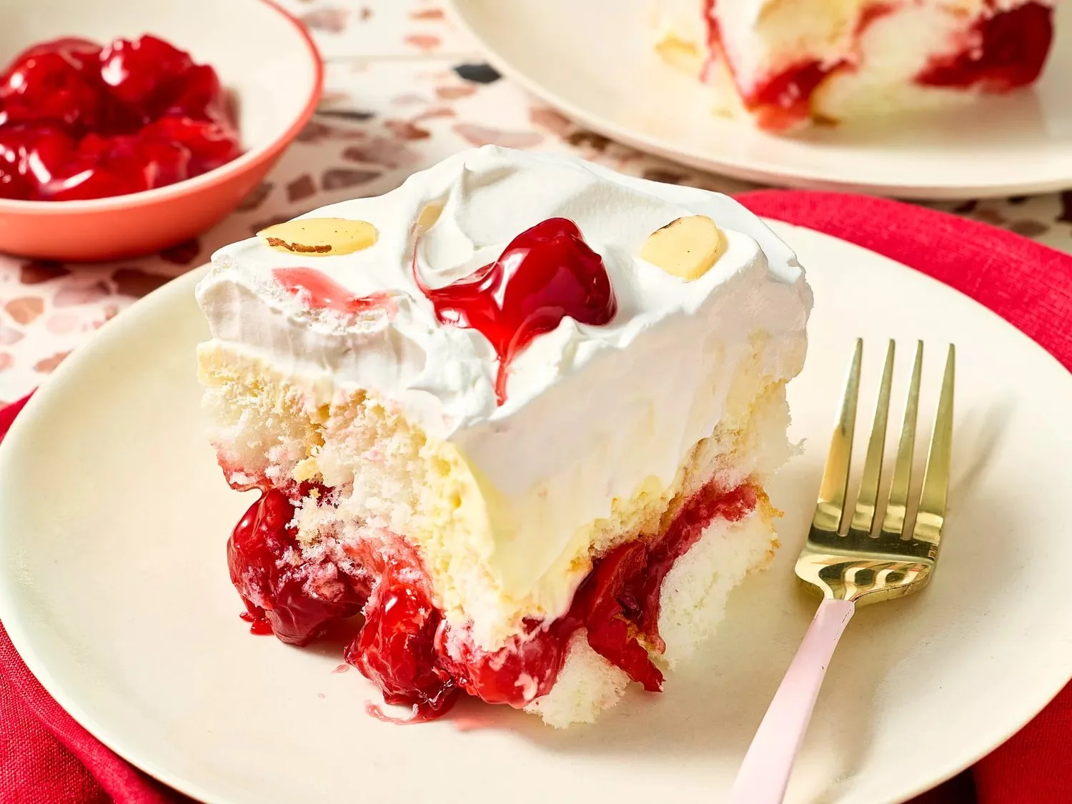 No-Bake Heaven on Earth Cake topped with whipped cream and fruit
