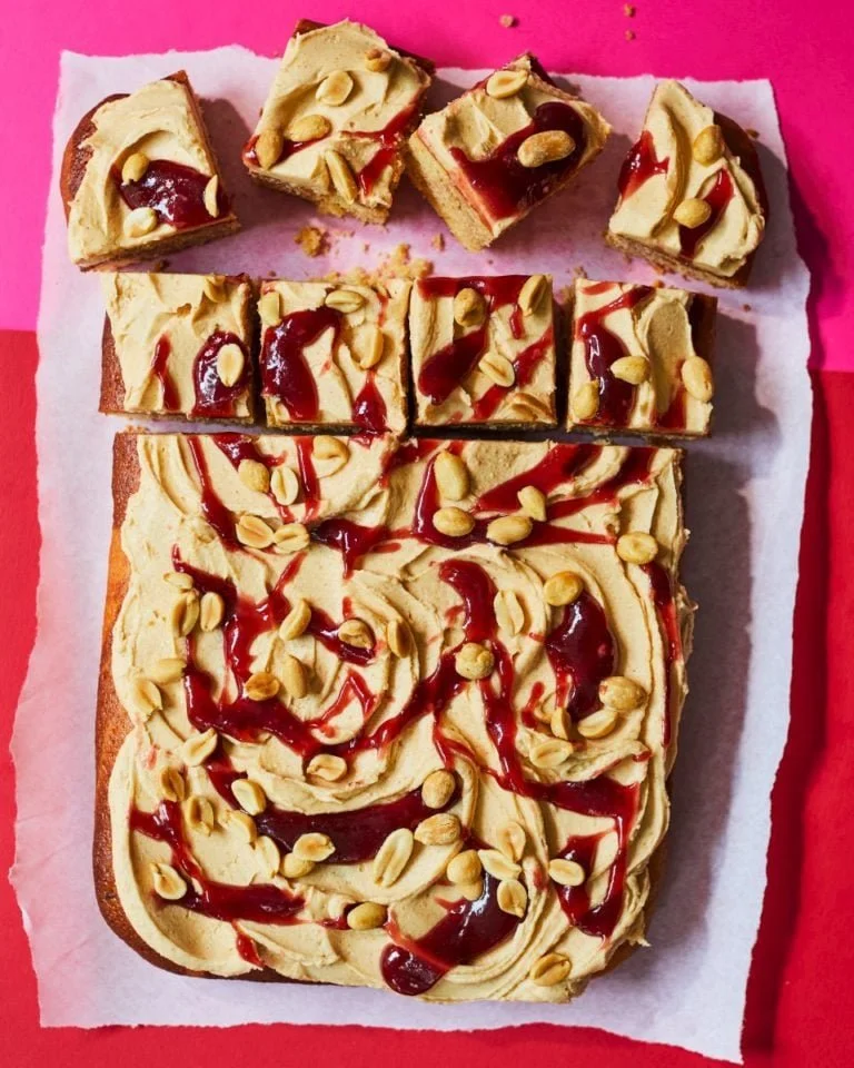 Peanut Butter and Jam Marble Cake Traybake, showcasing layers of rich marble cake.