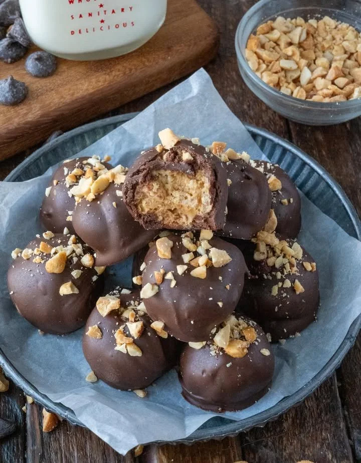Homemade peanut butter balls made with oats and chocolate chips.