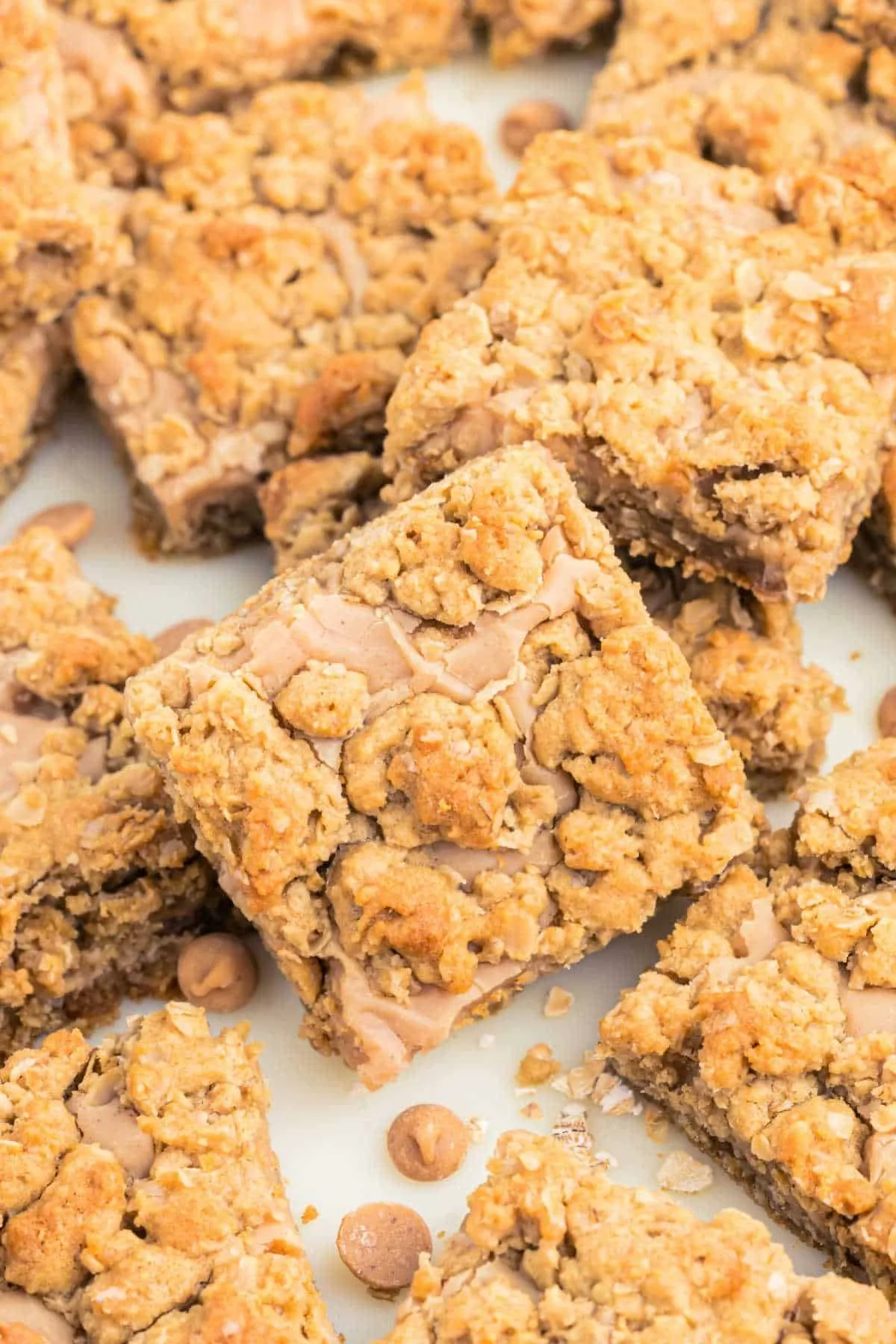 Delicious peanut butter oatmeal cookie bars stacked on a plate