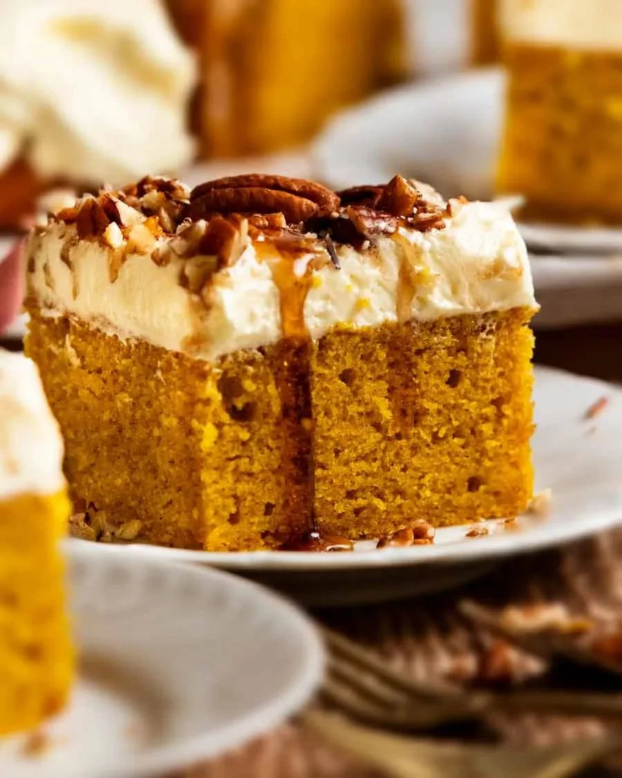 Delicious pumpkin cake with cream cheese frosting on a rustic wooden table
