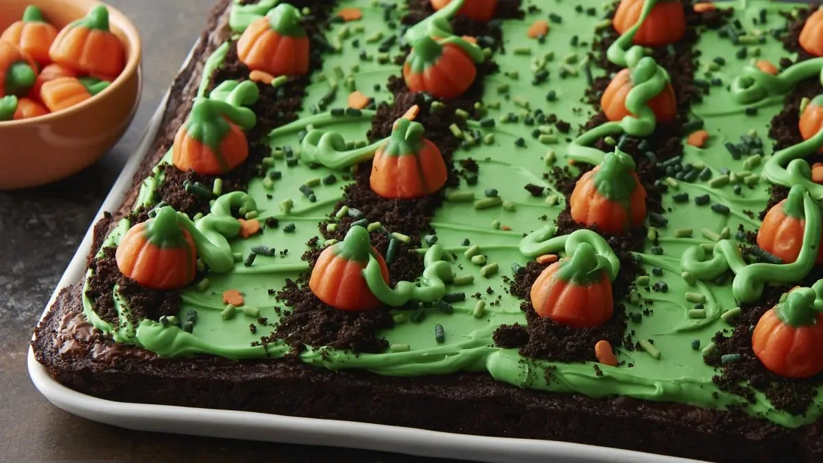 Delicious Pumpkin Patch Brownies topped with creamy pumpkin and chocolate