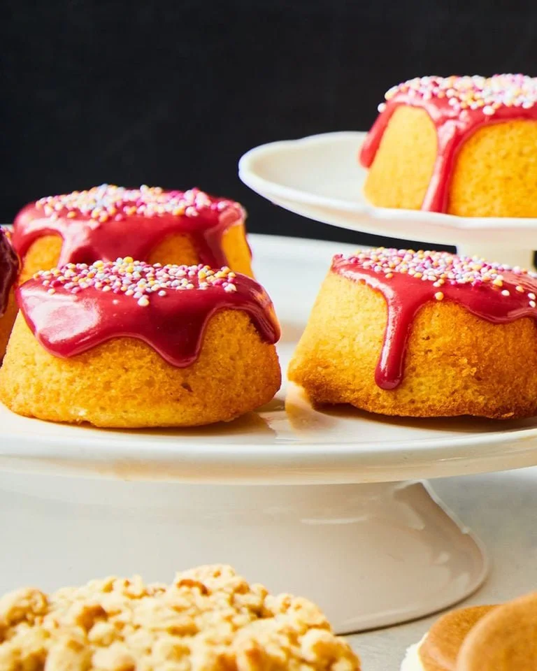 Raspberry and custard mini cakes on a decorative plate