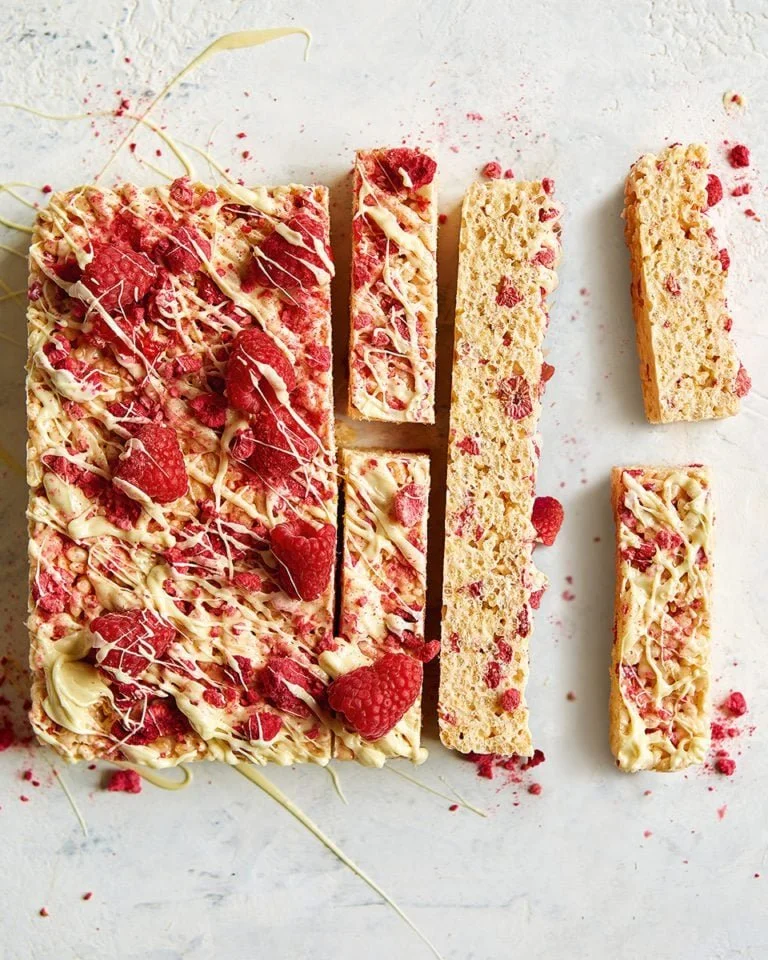 Raspberry and White Chocolate Rice Krispie Bars served on a plate