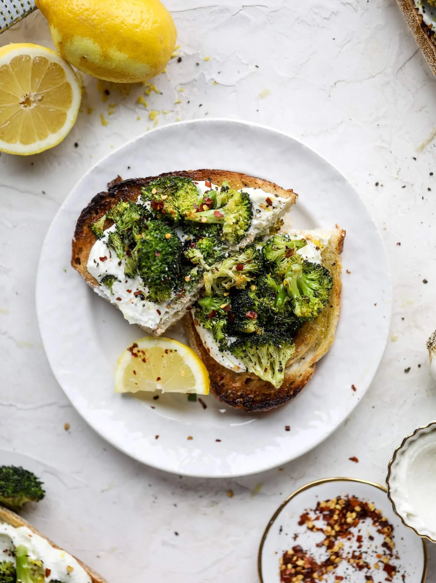 Delicious roasted broccoli on toasted bread with garlic and cheese