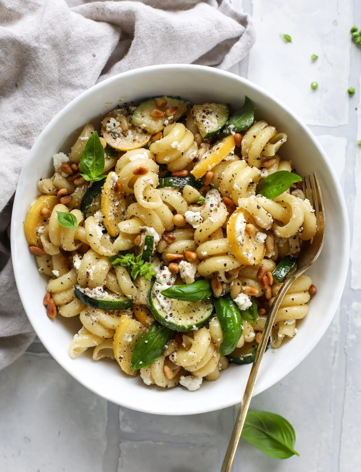 Delicious summer squash pasta skillet dish with vibrant vegetables