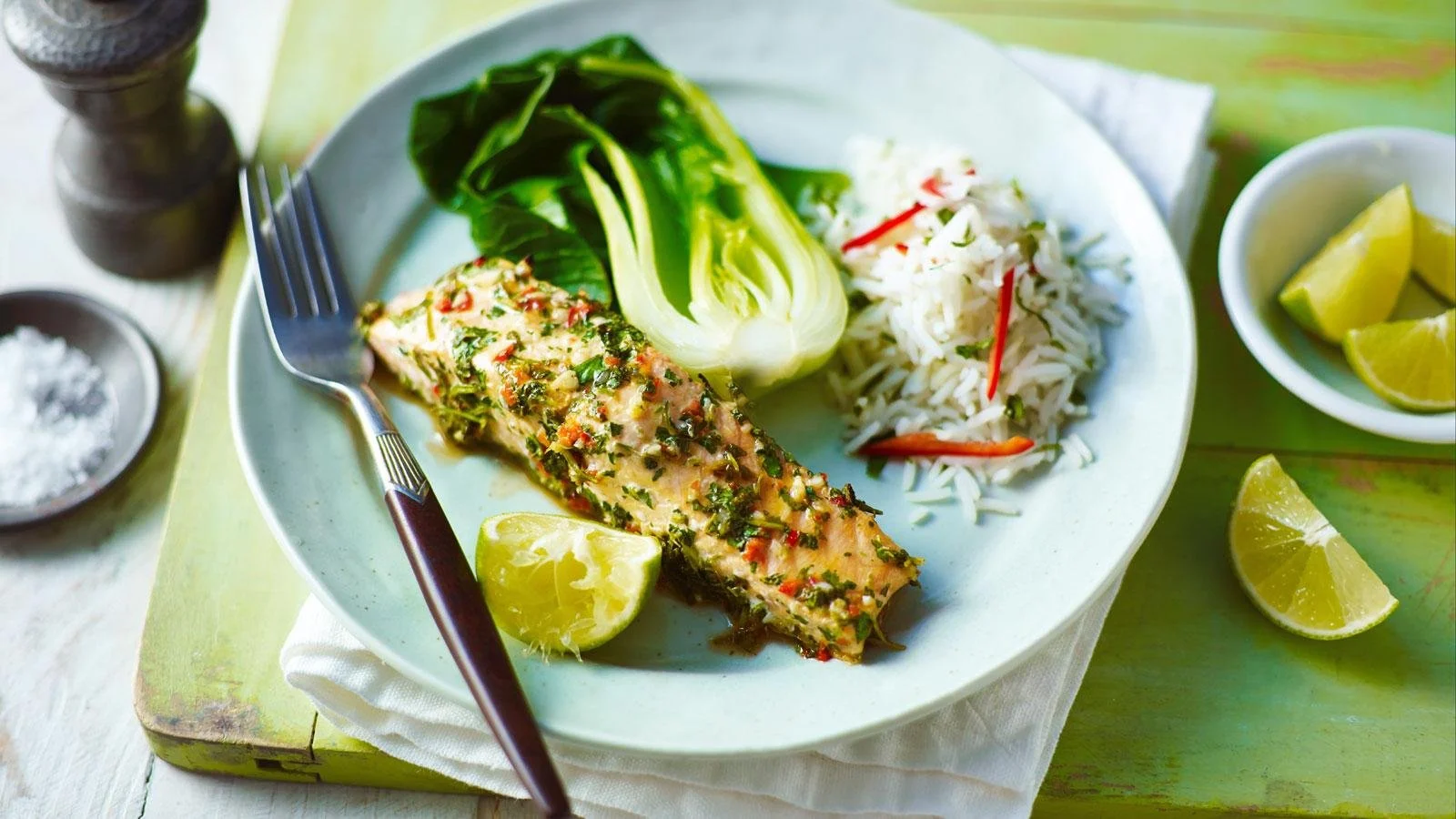 Thai steamed salmon served with bok choy and fragrant rice