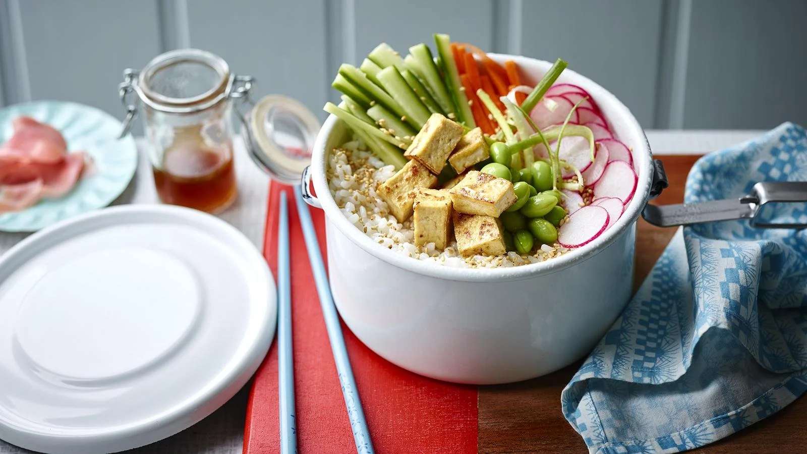 Delicious Tofu Sushi Bowl with fresh vegetables and savory flavors