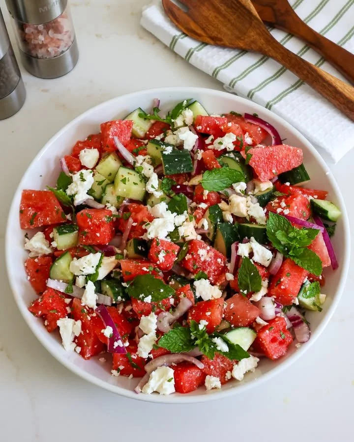 Delicious watermelon salad with fresh ingredients and vibrant colors
