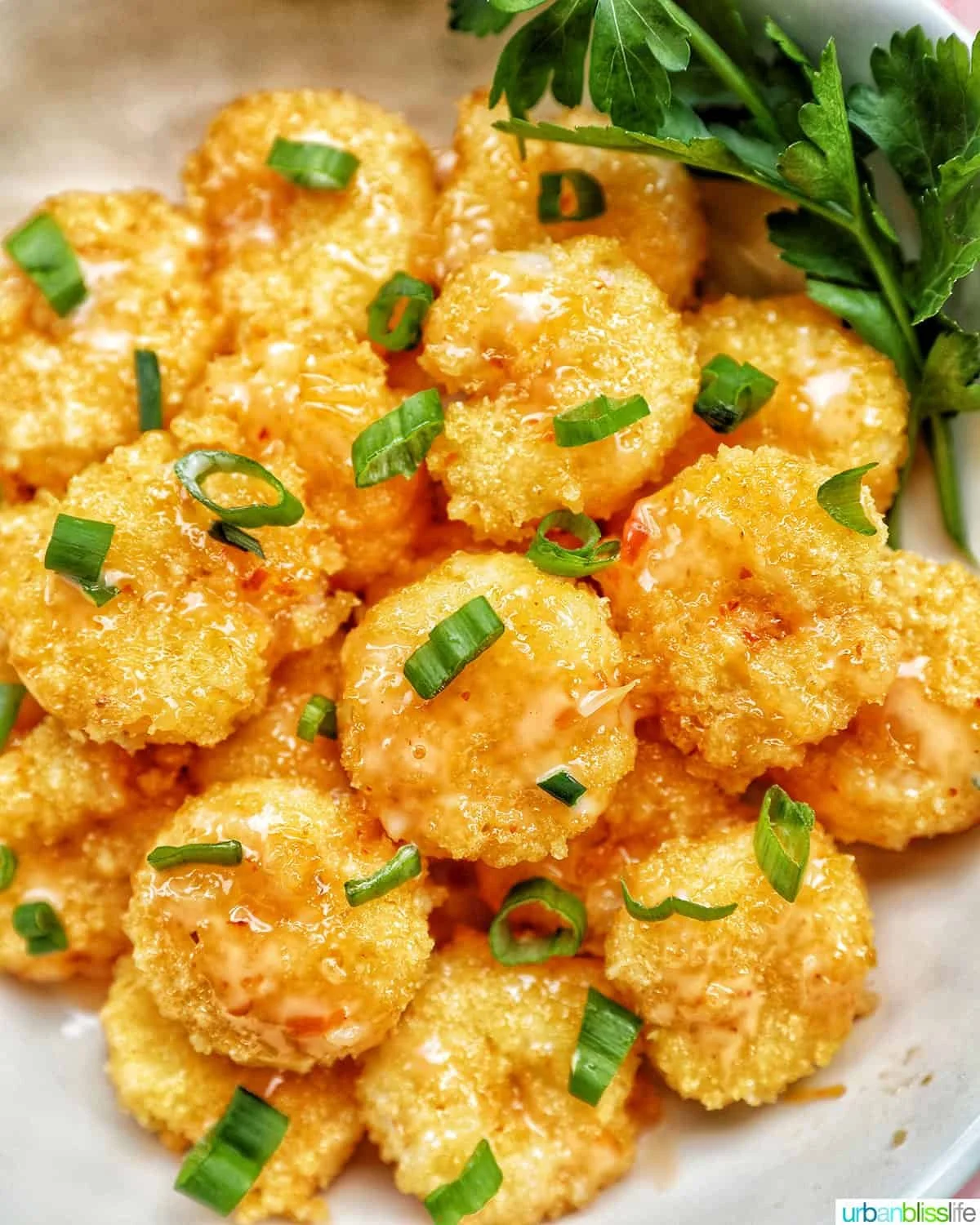 Crispy Air Fryer Bang Bang Shrimp served with a spicy sauce