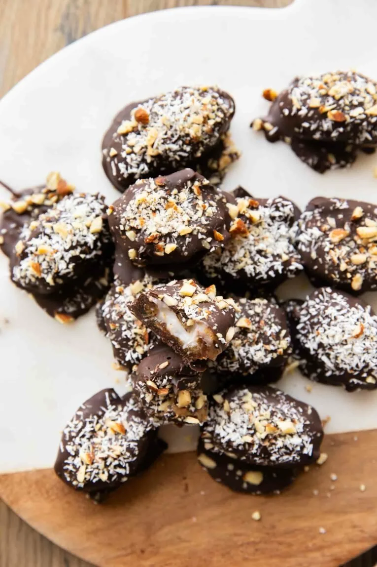 Almond Joy chocolate covered dates with coconut and almonds