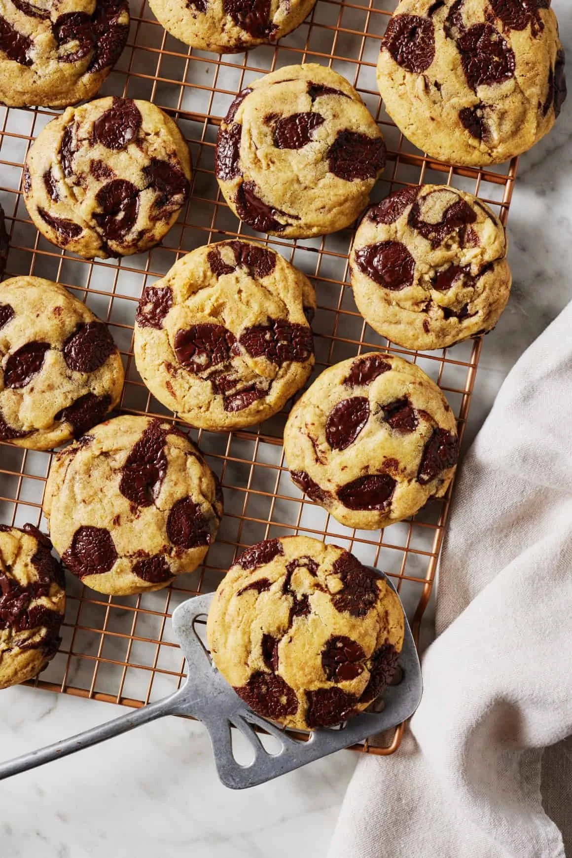 Freshly baked chocolate chip cookies on a cooling rack