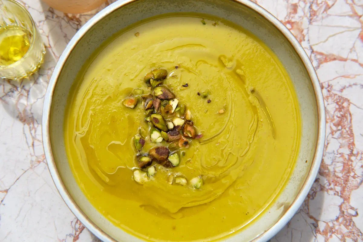 Delicious blended vegetable soup served in a bowl