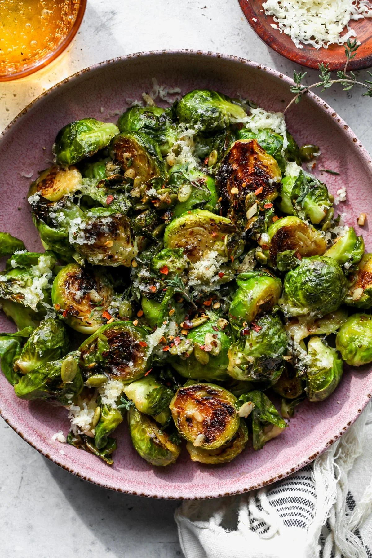 Brussels sprouts in a maple-mustard glaze served in a bowl