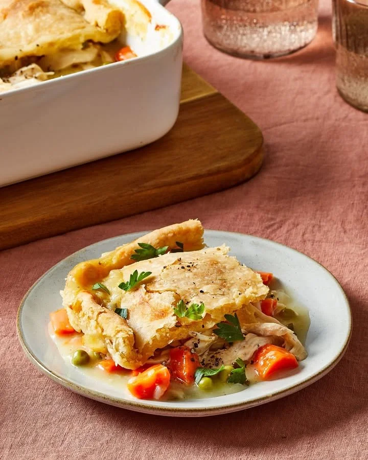 Homemade Chicken Potpie with a golden flaky crust and fresh vegetables